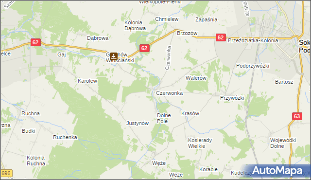 mapa Czerwonka gmina Sokołów Podlaski, Czerwonka gmina Sokołów Podlaski na mapie Targeo