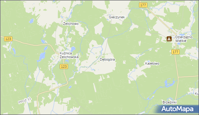 mapa Dębogóra gmina Wieleń, Dębogóra gmina Wieleń na mapie Targeo