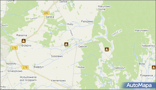 mapa Gębice gmina Czarnków, Gębice gmina Czarnków na mapie Targeo