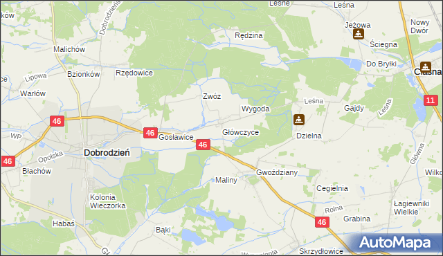mapa Główczyce gmina Dobrodzień, Główczyce gmina Dobrodzień na mapie Targeo