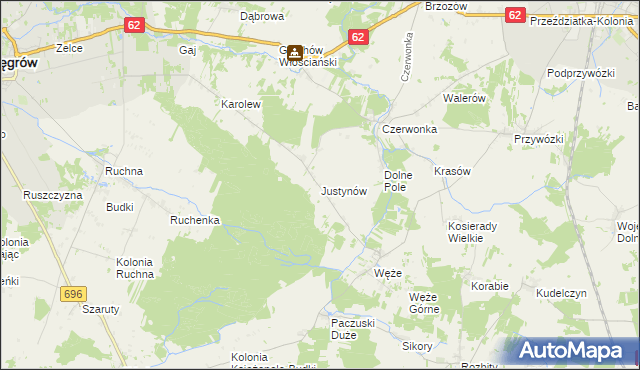 mapa Justynów gmina Sokołów Podlaski, Justynów gmina Sokołów Podlaski na mapie Targeo