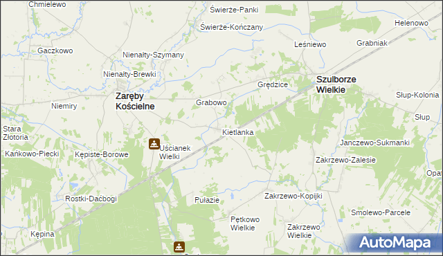 mapa Kietlanka gmina Zaręby Kościelne, Kietlanka gmina Zaręby Kościelne na mapie Targeo