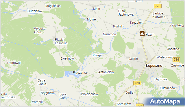 mapa Knieja gmina Łopuszno, Knieja gmina Łopuszno na mapie Targeo