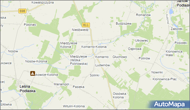 mapa Komarno gmina Konstantynów, Komarno gmina Konstantynów na mapie Targeo