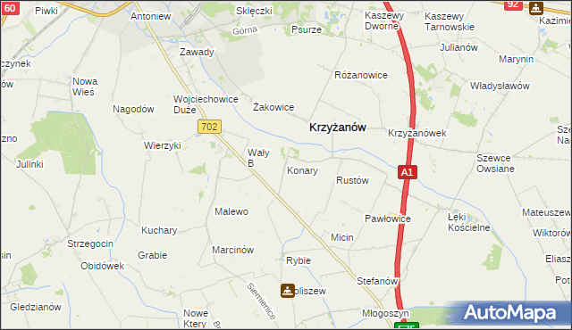 mapa Konary gmina Krzyżanów, Konary gmina Krzyżanów na mapie Targeo