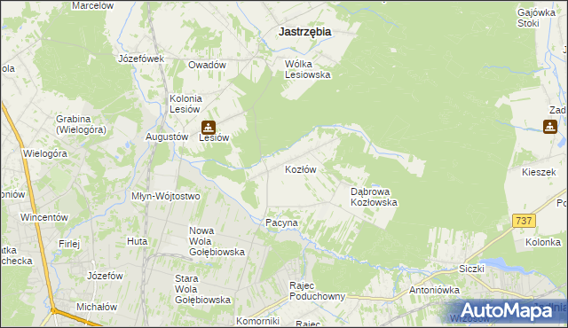 mapa Kozłów gmina Jastrzębia, Kozłów gmina Jastrzębia na mapie Targeo