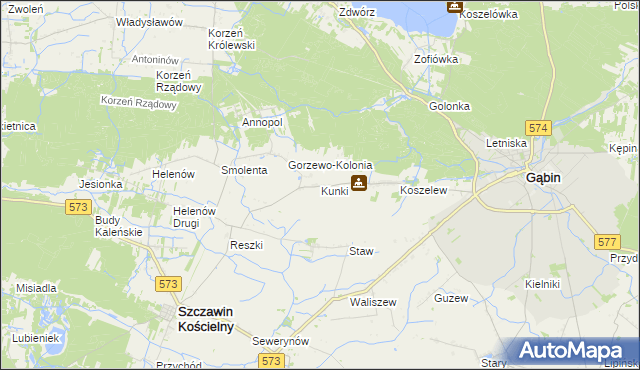 mapa Kunki gmina Szczawin Kościelny, Kunki gmina Szczawin Kościelny na mapie Targeo