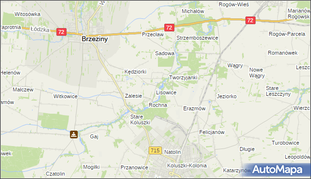 mapa Lisowice gmina Koluszki, Lisowice gmina Koluszki na mapie Targeo