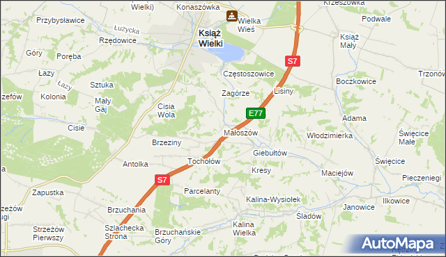 mapa Małoszów gmina Książ Wielki, Małoszów gmina Książ Wielki na mapie Targeo