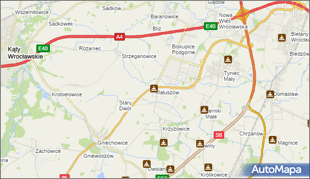 mapa Małuszów gmina Kobierzyce, Małuszów gmina Kobierzyce na mapie Targeo