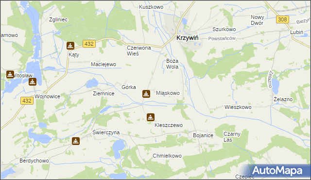mapa Miąskowo gmina Osieczna, Miąskowo gmina Osieczna na mapie Targeo