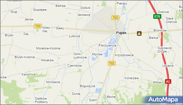 mapa Młynów gmina Piątek, Młynów gmina Piątek na mapie Targeo