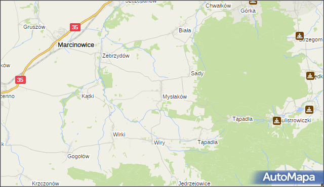 mapa Mysłaków gmina Marcinowice, Mysłaków gmina Marcinowice na mapie Targeo