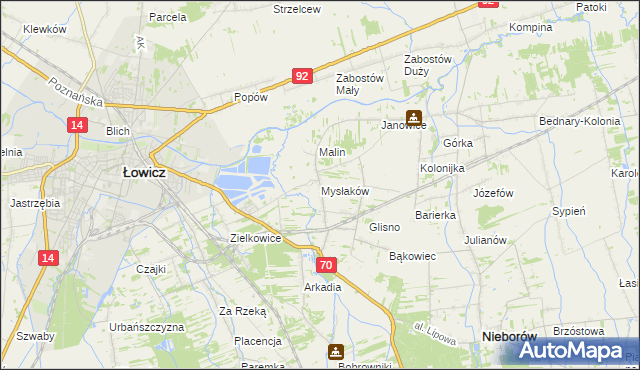 mapa Mysłaków gmina Nieborów, Mysłaków gmina Nieborów na mapie Targeo