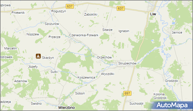 mapa Orzechów gmina Wierzbno, Orzechów gmina Wierzbno na mapie Targeo