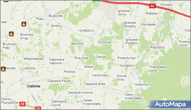 mapa Ostrów gmina Dalików, Ostrów gmina Dalików na mapie Targeo