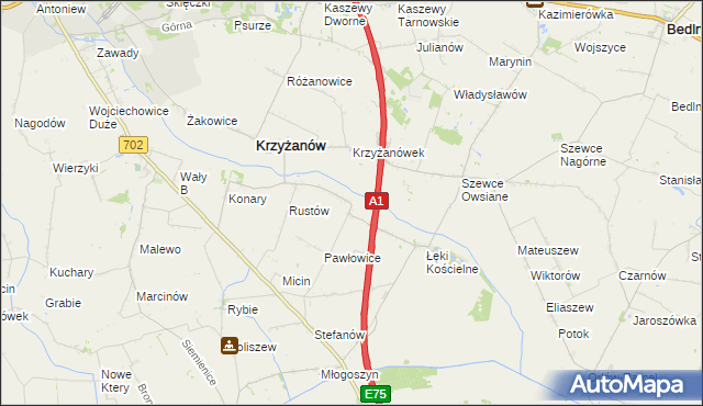 mapa Pawłowice gmina Krzyżanów, Pawłowice gmina Krzyżanów na mapie Targeo