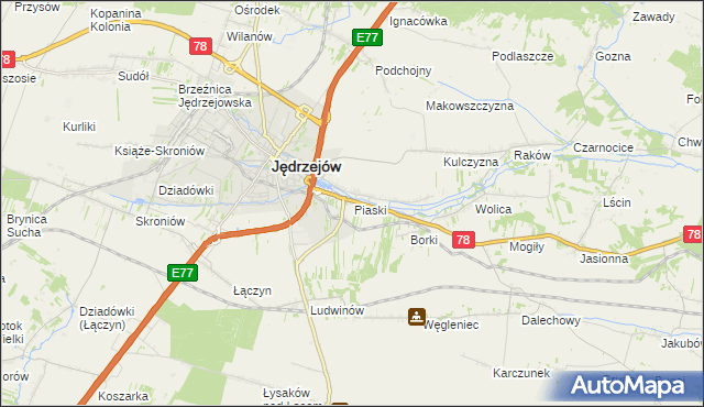 mapa Piaski gmina Jędrzejów, Piaski gmina Jędrzejów na mapie Targeo