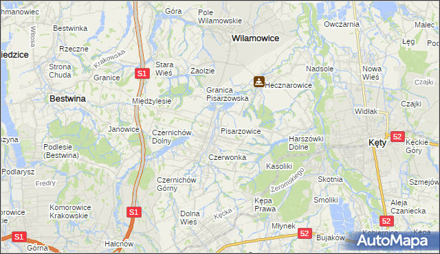 mapa Pisarzowice gmina Wilamowice, Pisarzowice gmina Wilamowice na mapie Targeo