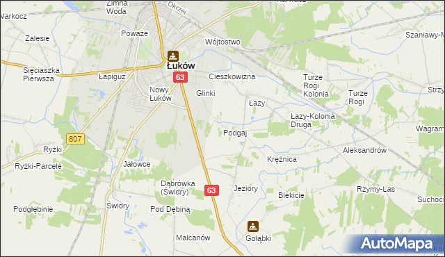 mapa Podgaj gmina Łuków, Podgaj gmina Łuków na mapie Targeo