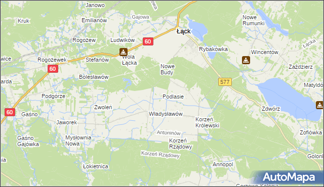 mapa Podlasie gmina Łąck, Podlasie gmina Łąck na mapie Targeo