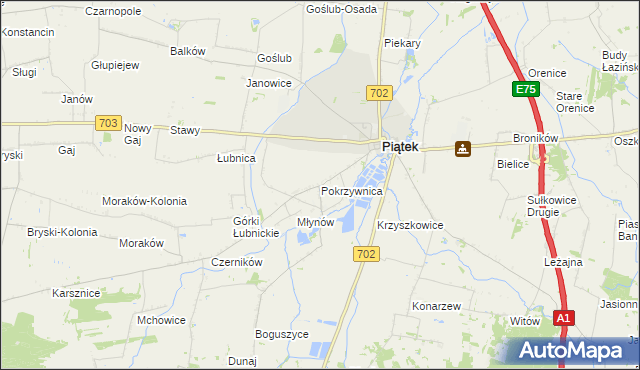 mapa Pokrzywnica gmina Piątek, Pokrzywnica gmina Piątek na mapie Targeo