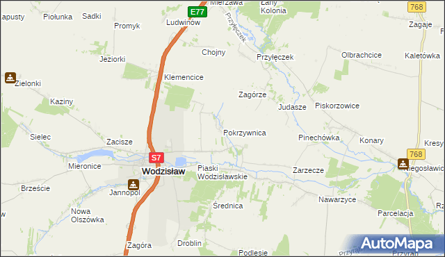 mapa Pokrzywnica gmina Wodzisław, Pokrzywnica gmina Wodzisław na mapie Targeo