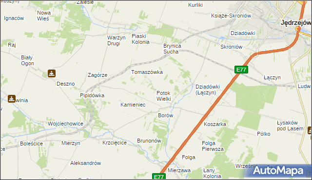 mapa Potok Wielki gmina Jędrzejów, Potok Wielki gmina Jędrzejów na mapie Targeo