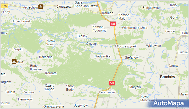 mapa Radziwiłka gmina Młodzieszyn, Radziwiłka gmina Młodzieszyn na mapie Targeo