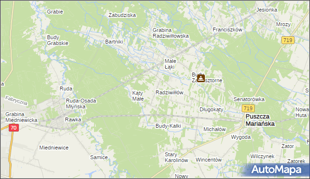 mapa Radziwiłłów gmina Puszcza Mariańska, Radziwiłłów gmina Puszcza Mariańska na mapie Targeo