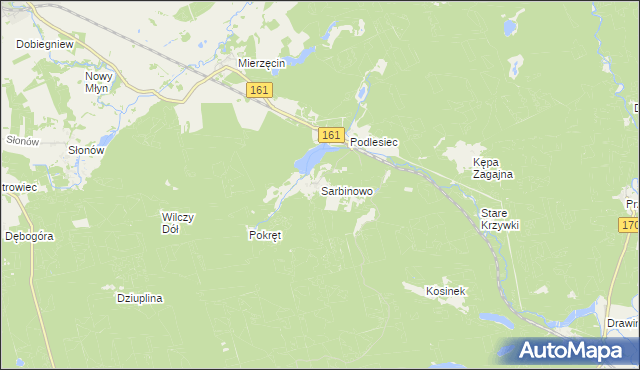 mapa Sarbinowo gmina Dobiegniew, Sarbinowo gmina Dobiegniew na mapie Targeo