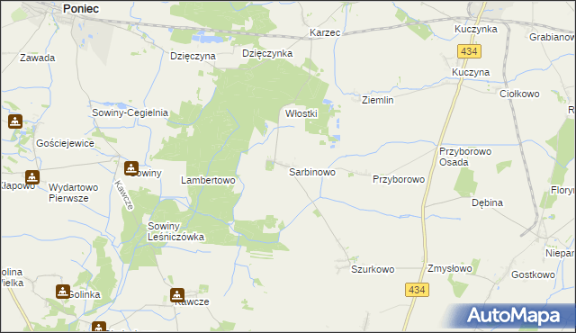 mapa Sarbinowo gmina Poniec, Sarbinowo gmina Poniec na mapie Targeo