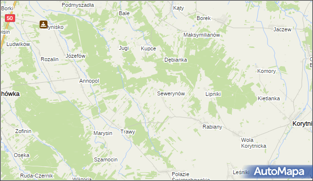 mapa Sewerynów gmina Korytnica, Sewerynów gmina Korytnica na mapie Targeo