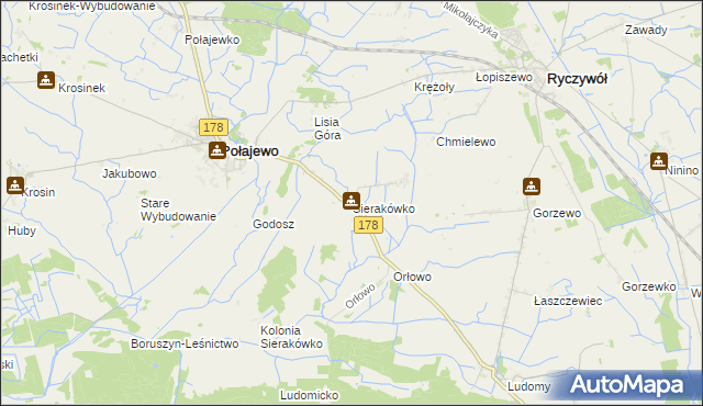 mapa Sierakówko gmina Połajewo, Sierakówko gmina Połajewo na mapie Targeo
