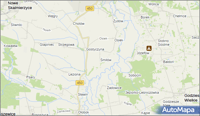 mapa Śmiłów gmina Nowe Skalmierzyce, Śmiłów gmina Nowe Skalmierzyce na mapie Targeo