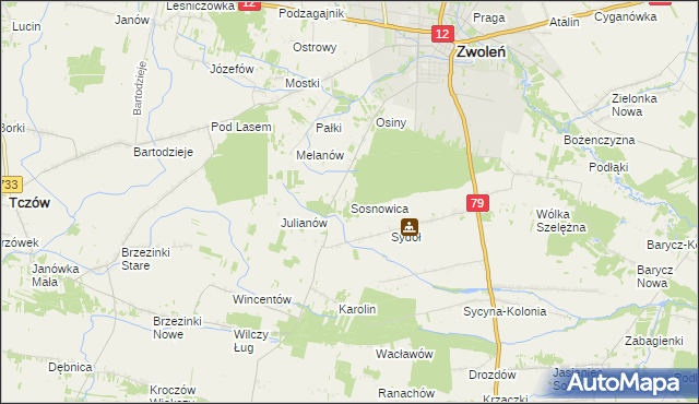 mapa Sosnowica gmina Zwoleń, Sosnowica gmina Zwoleń na mapie Targeo
