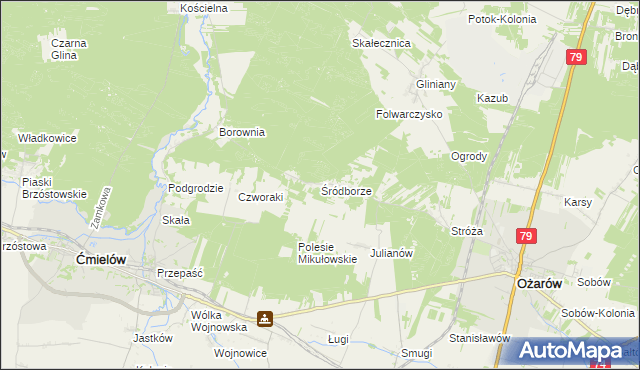 mapa Śródborze gmina Ożarów, Śródborze gmina Ożarów na mapie Targeo