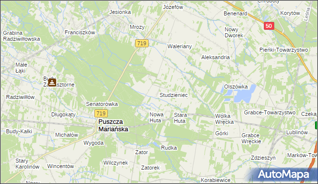 mapa Studzieniec gmina Puszcza Mariańska, Studzieniec gmina Puszcza Mariańska na mapie Targeo