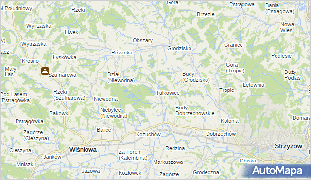 mapa Tułkowice gmina Wiśniowa, Tułkowice gmina Wiśniowa na mapie Targeo