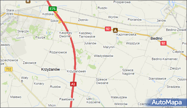 mapa Władysławów gmina Krzyżanów, Władysławów gmina Krzyżanów na mapie Targeo