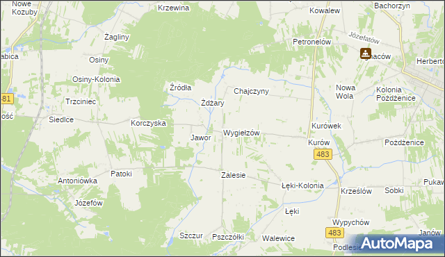 mapa Wygiełzów gmina Zelów, Wygiełzów gmina Zelów na mapie Targeo