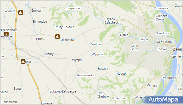 mapa Wygoda gmina Zawichost, Wygoda gmina Zawichost na mapie Targeo