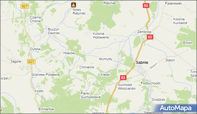 mapa Wymysły gmina Sabnie, Wymysły gmina Sabnie na mapie Targeo