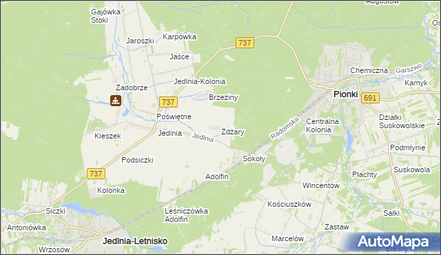 mapa Żdżary gmina Pionki, Żdżary gmina Pionki na mapie Targeo