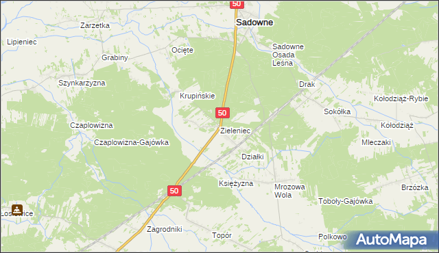 mapa Zieleniec gmina Sadowne, Zieleniec gmina Sadowne na mapie Targeo