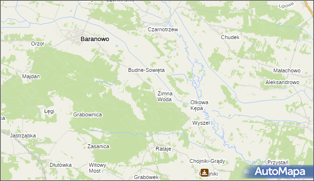 mapa Zimna Woda gmina Baranowo, Zimna Woda gmina Baranowo na mapie Targeo