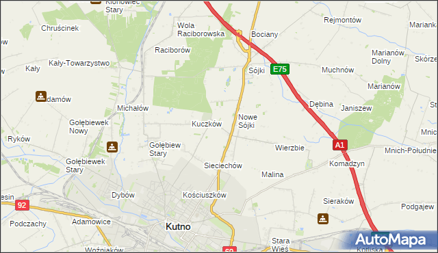 mapa Żurawieniec gmina Kutno, Żurawieniec gmina Kutno na mapie Targeo