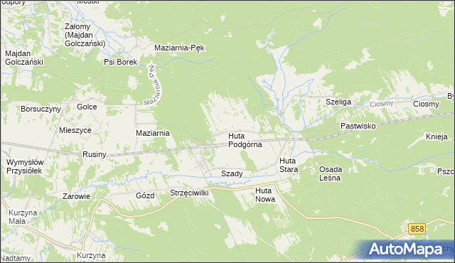 mapa Huta Podgórna gmina Harasiuki, Huta Podgórna gmina Harasiuki na mapie Targeo
