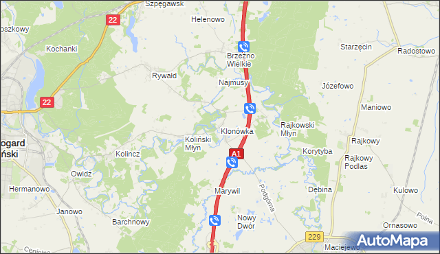 mapa Klonówka gmina Starogard Gdański, Klonówka gmina Starogard Gdański na mapie Targeo