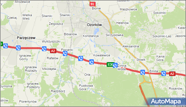 mapa Kowalewice gmina Parzęczew, Kowalewice gmina Parzęczew na mapie Targeo